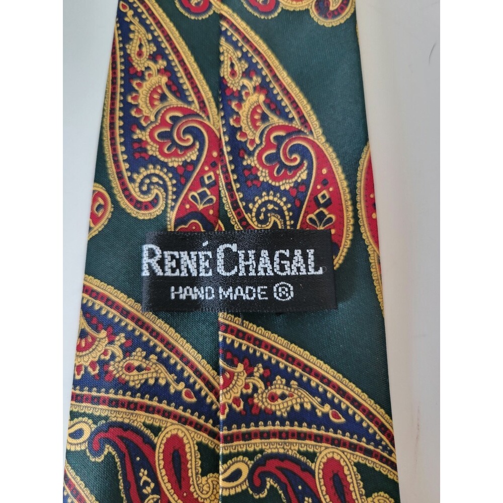 René Chagal‎ Men's Tie Green Red Yellow Paisley Silk Handmade